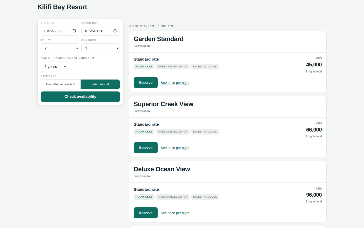 A hotel booking page showing room types available for the chosen dates, with prices