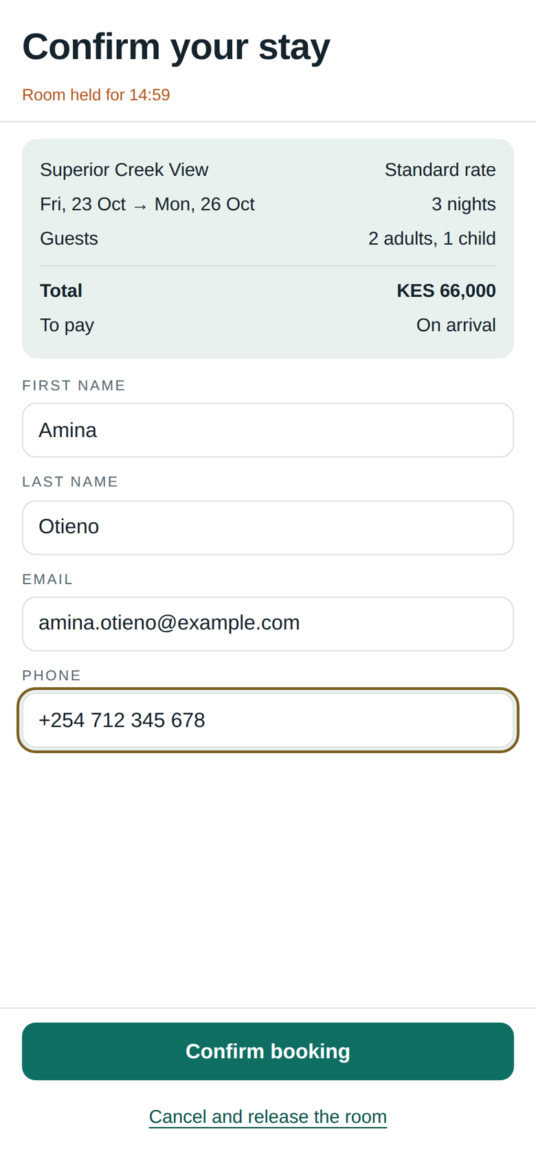 The booking page on a phone: confirming a stay with the room held for 15 minutes